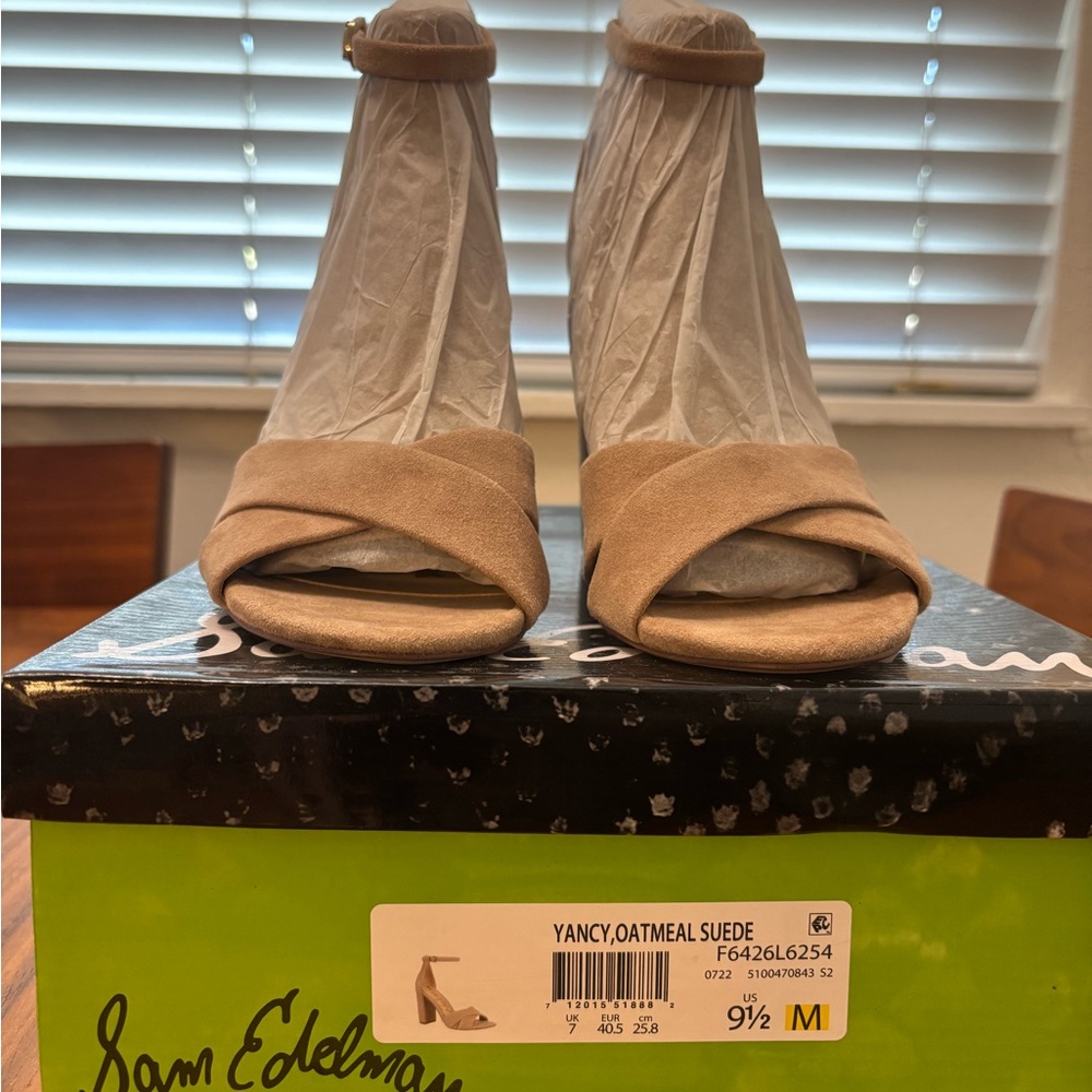 NEW IN BOX: Sam Edelman Oatmeal Suede Open-Toe Heels, Size 9.5